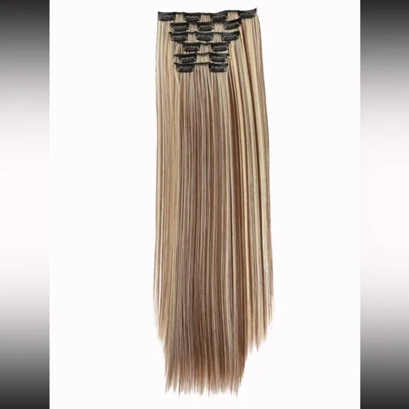 20in long straight brown blonde highlights clip in hair extensions 6 piece set